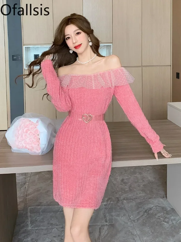 Ofallsis Celebrity Sweet Sexy Temperament One Line Neck Off Shoulder Dress 2023 Long Sleeve Ruffle Knitted Sweater Short Dresses