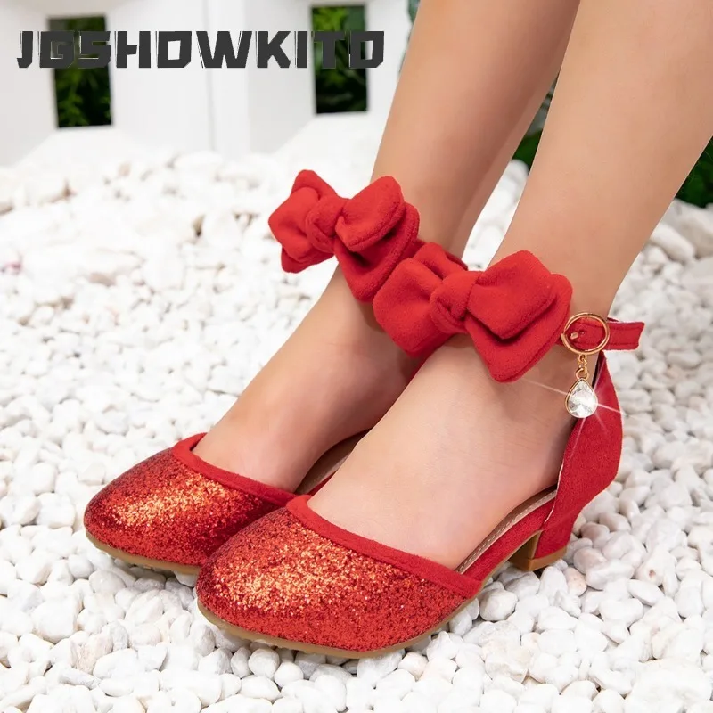 JGSHOWKITO Little Girl Red Low Heel Sandals Chic Princess Children Dress Shoes Non-slip Lightweight Kids Party Sequins Sandals