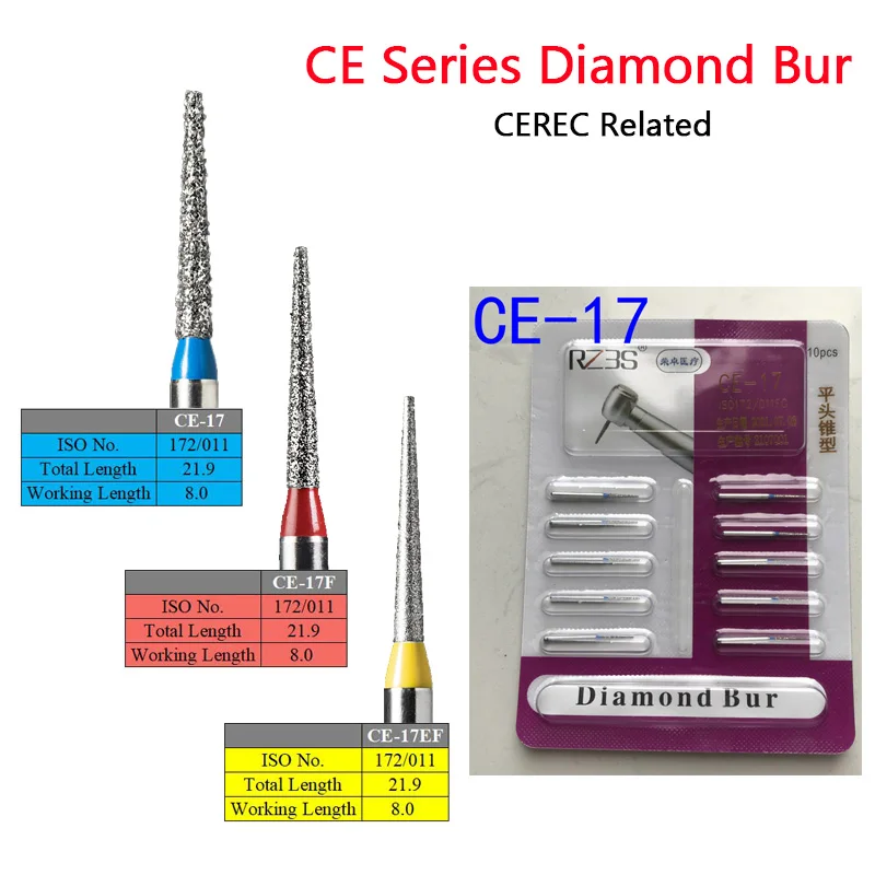 

10 PCS CEREC Related Dental Diamond Burs FG 1.6mm Diameter CE-17, CE-17F, CE-17EF