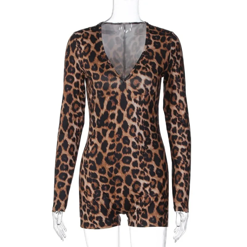 Monos ajustados con estampado de leopardo para mujer, petos ajustados con escote en V profundo, manga larga, caderas de melocotón, ropa para discoteca de medianoche