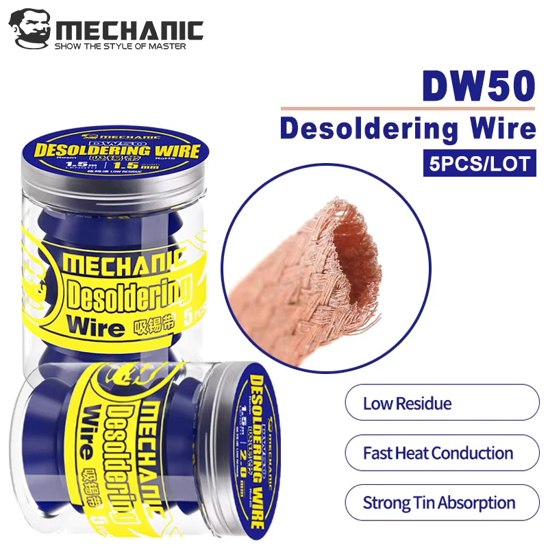 

MECHANIC 5Pcs/Lot DW50 1.5M Strong Copper Desoldering Wire Braid Solder Wick Remover 1.5/2.0/2.5/3.0/3.5mm Soldering Tin Sucker