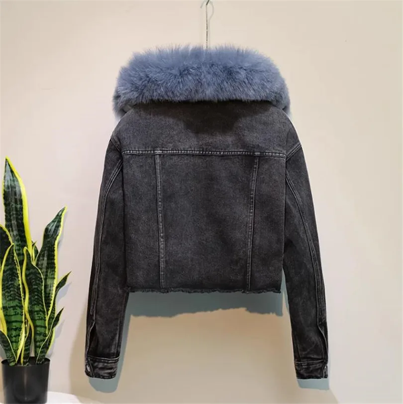 Retro patch pocket washed short denim jacket women autumn winter 2023 fashion fur liner parkas Female Outerwear Y4544