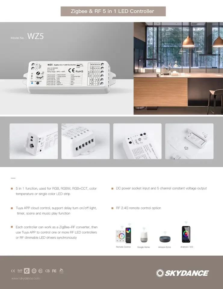 Tuya Zigbee Smart WiFi & 2.4G RF Remote  5 in 1 Voice LED Controller WZ5 for DC12V 24V DIM RGB RGBW RGBWW RGBCW RGBCCT LED Strip