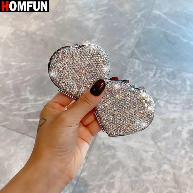 HOMFUN Love Foldable Pocket Makeup Mirror With Rhinestones Double Side Mini Diamond Painting Mirror For Home Travel Outdoor Use