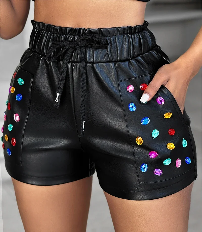 Women\'s Shorts 2024 Summer Casual Colorful Rhinestone Fashion PU Leather Shorts Y2K Streetwear High Waist Ladies Short Trousers