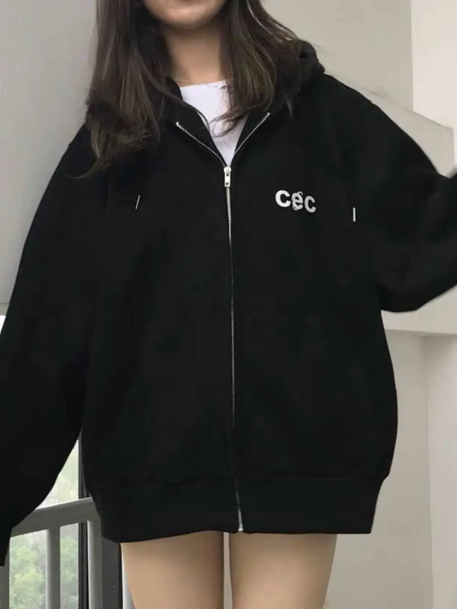 

Парные свободные толстовки с капюшоном на флисовой подкладке с принтом, женская студенческая верхняя одежда, осенне-зимняя новинка, корейская версия на молнии