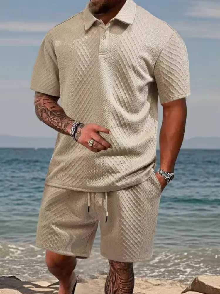Mens Cream Polo Shirt and Shorts Set Casual Summer Beach Outfit Lightweight Comfortable Resort Vacation Wear Male ﻿