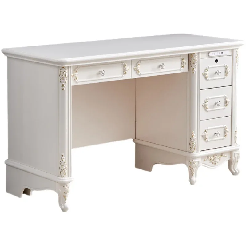 European-style desk, high-end luxury computer desk, home writing table, solid wood French-style white student study table, desk