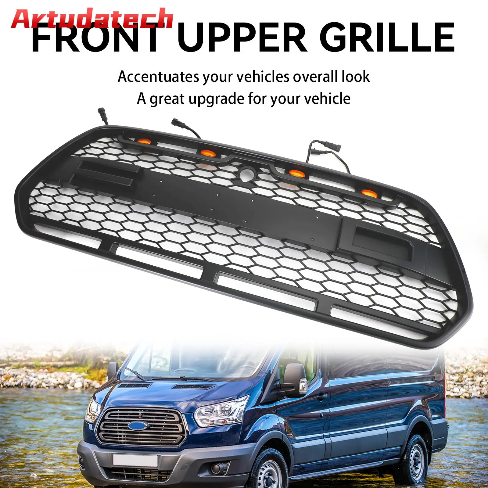 Artudatech Matt Black Front Bumper Grille Grill w/LED Fit For Ford Transit MK8 2015-2018 Raptor Car Accessories