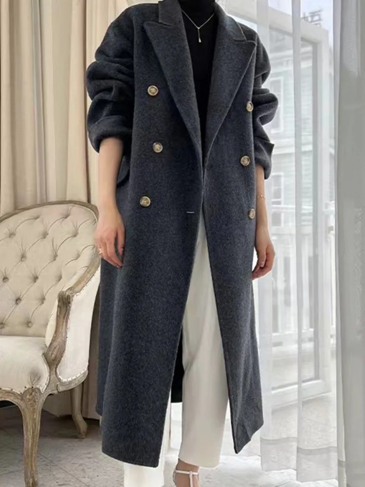 UCXQ Solid Cashmere Coat Temperament, Office Lady Double Breasted All Match Elegant Long Outerwear Women 2024 Autumn Winter 2830