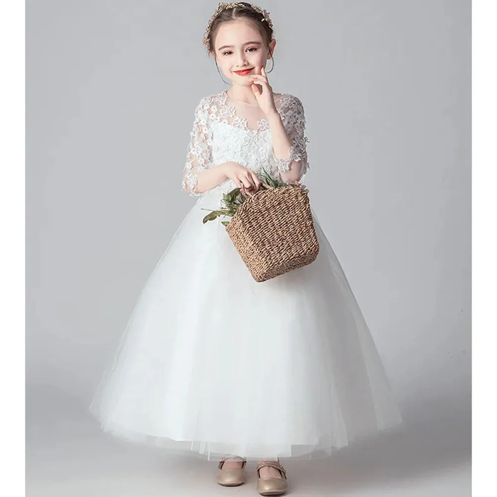 Vestido de princesa blanche à fleurs para petites filles de 2 a 13 años, longue robe de soirée de mariage en Tulle, en dentelle, Vi