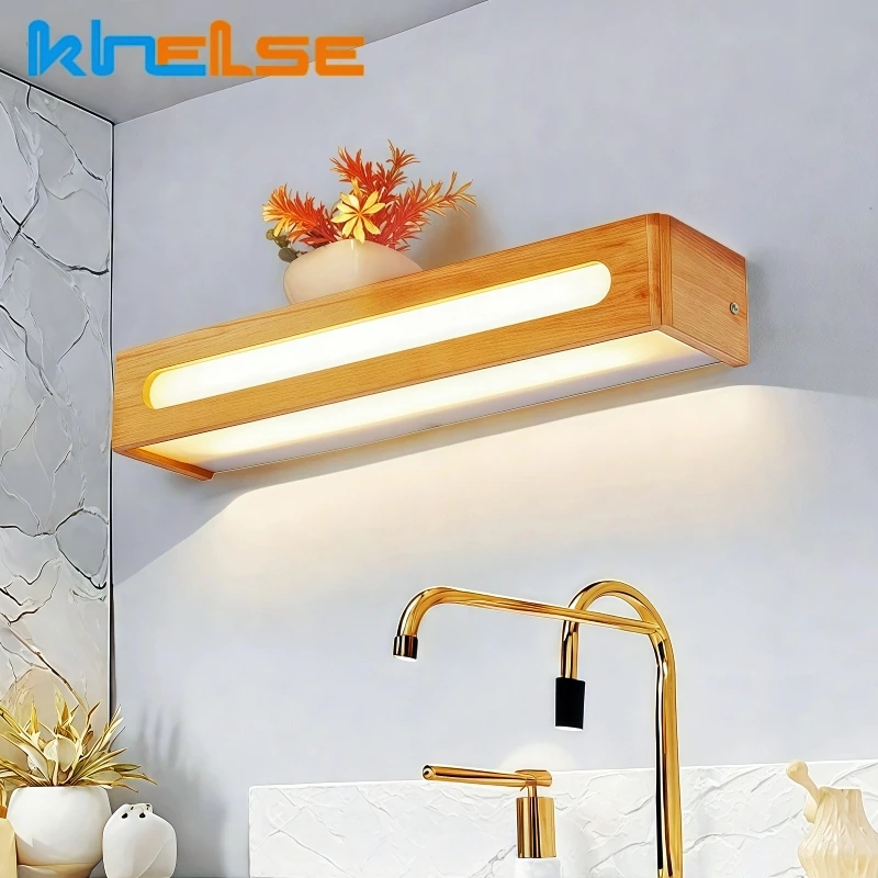 Modern Rubber Wooden LED Wall Lamp Creative Mirror Front Bedside Sconce Kid Bedroom Vanity Dining Room Decor Wall Light 110/220V