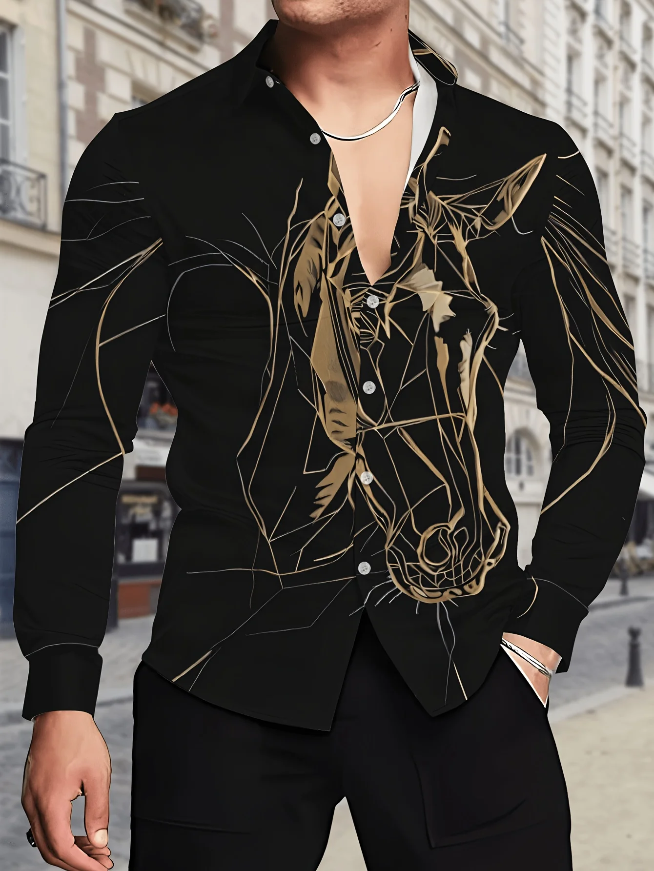 Men Long Sleeve Button Down Shirt Black Gold Geometric Horse Head Line Print Polyester Lapel Collar Party