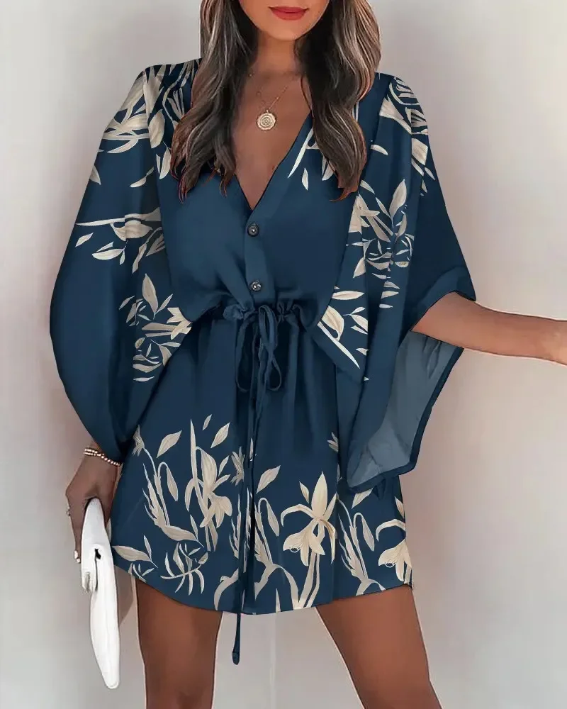 Fashion Batwing Sleeve Print Lace Up Mini Dress for Women Sexy V-Neck Casual Loose Boho Holiday Short Dresses Woman 2025 Summer