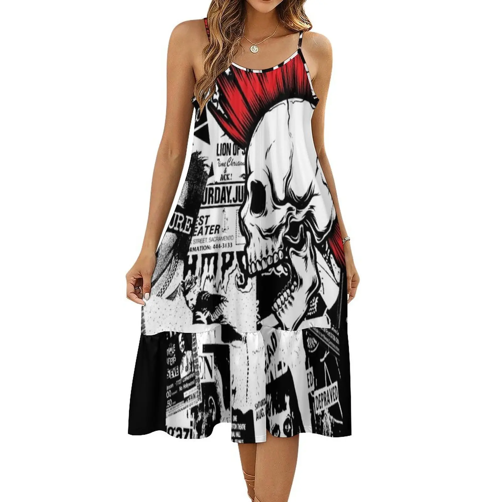 

Punk Flyers Collage Punkrock Skull with Red Mohawk Suspender Skirt women party dresses summer clothes Female clothing