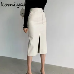 Slim Straight Faux Leather Skirts Women Spring New Package Hip Long PU Jupe Chic Split Designed Fashion Solid Mujer Faldas