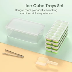 Silicone Ice Cube Tray Set with Lid and  Ice Bucket - 4 Pack Stackable Ice Trays with Scoop and Tongs, Durable Ice Mold for Free