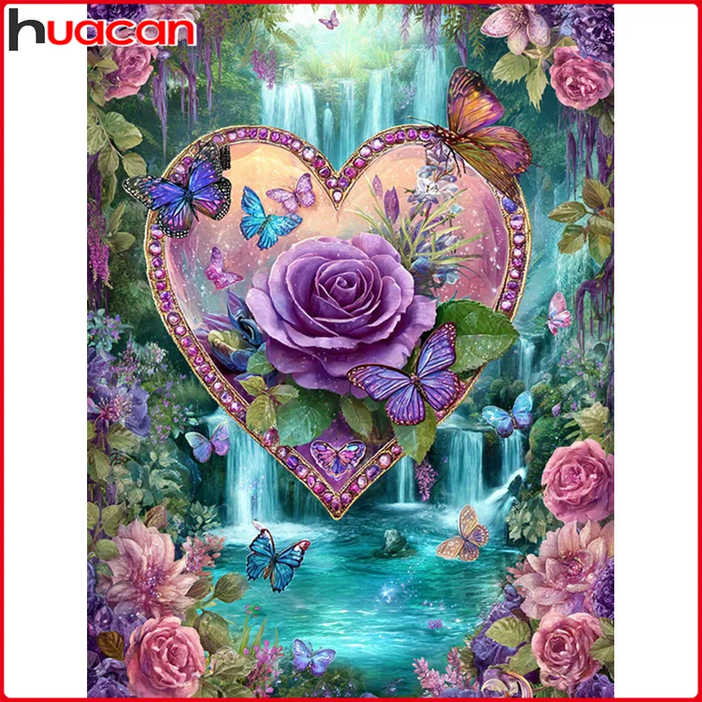 Huacan Diamantmalerei Rosenherz Wasserfall Diamant-Mosaik Landschaft Komplettes Set Heimdekoration