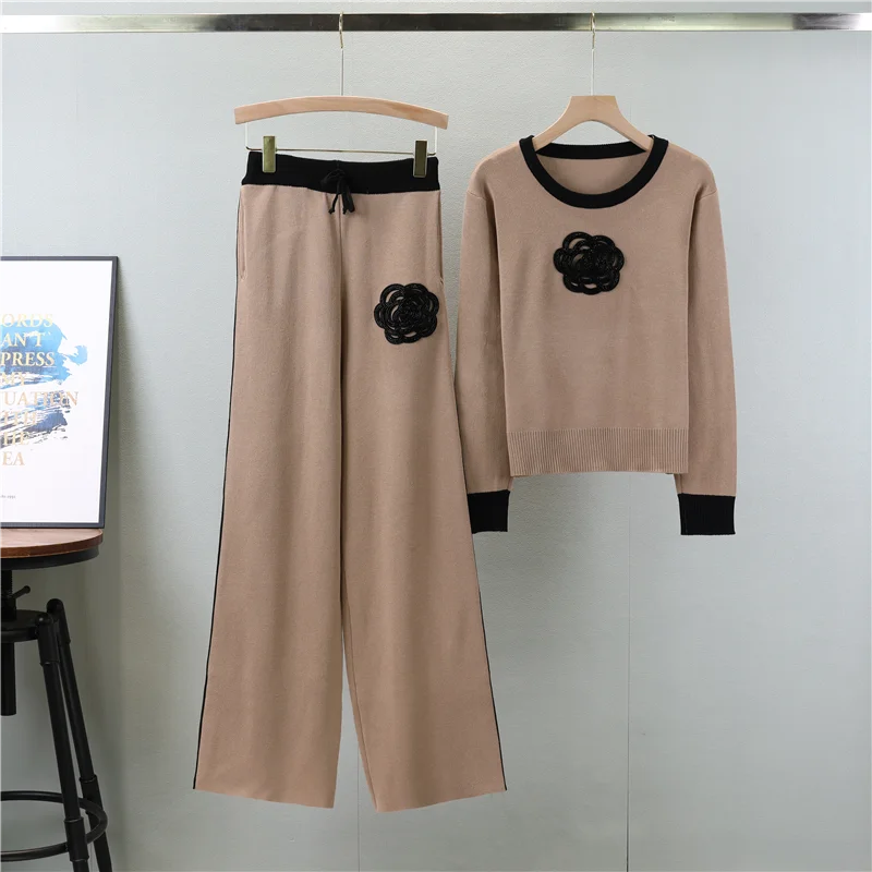 2024 Autumn New Knitted Loose Women Pant Suits O Neck Female Pullover Suit Fashion Wide Leg High Waist Pants Set