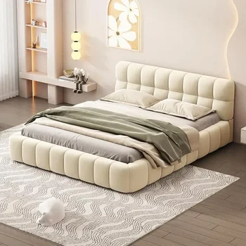 Estructura de cama tapizada, cabecero con respaldo de ala, cama de plataforma baja de lino, no requiere muelles de colchón, estructura de cama con plataforma