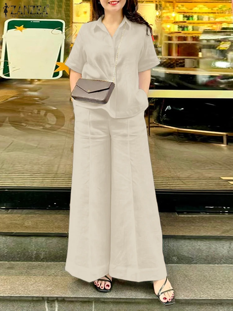 

ZANZEA Summer Pant Sets 2pcs Women Outfits Elegant Short Sleeve Lapel Shirt Trousers Suits Casual Solid Work Tracksuits Oversize