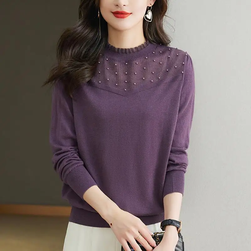 Half High Collar Solid Color Pullover Women\'s Clothing Lace Patchwork Long Sleeve Sweater Knitted Elegant Autumn Winter Tops