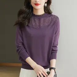 Half High Collar Solid Color Pullover Women's Clothing Lace Patchwork Long Sleeve Sweater Knitted Elegant Autumn Winter Tops