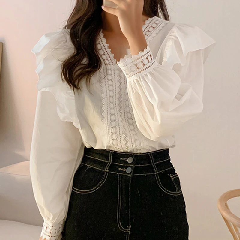 Elegant Spring Summer Lace Blouse Women Korean Style V-neck Loose Puff Sleeve Long Sleeve Ruffles Shirt Lady Casual Tops 1983