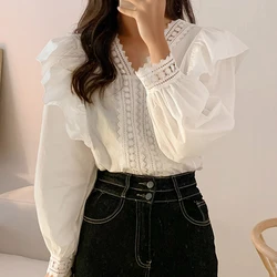 Elegant Spring Summer Lace Blouse Women Korean Style V-neck Loose Puff Sleeve Long Sleeve Ruffles Shirt Lady Casual Tops 1983