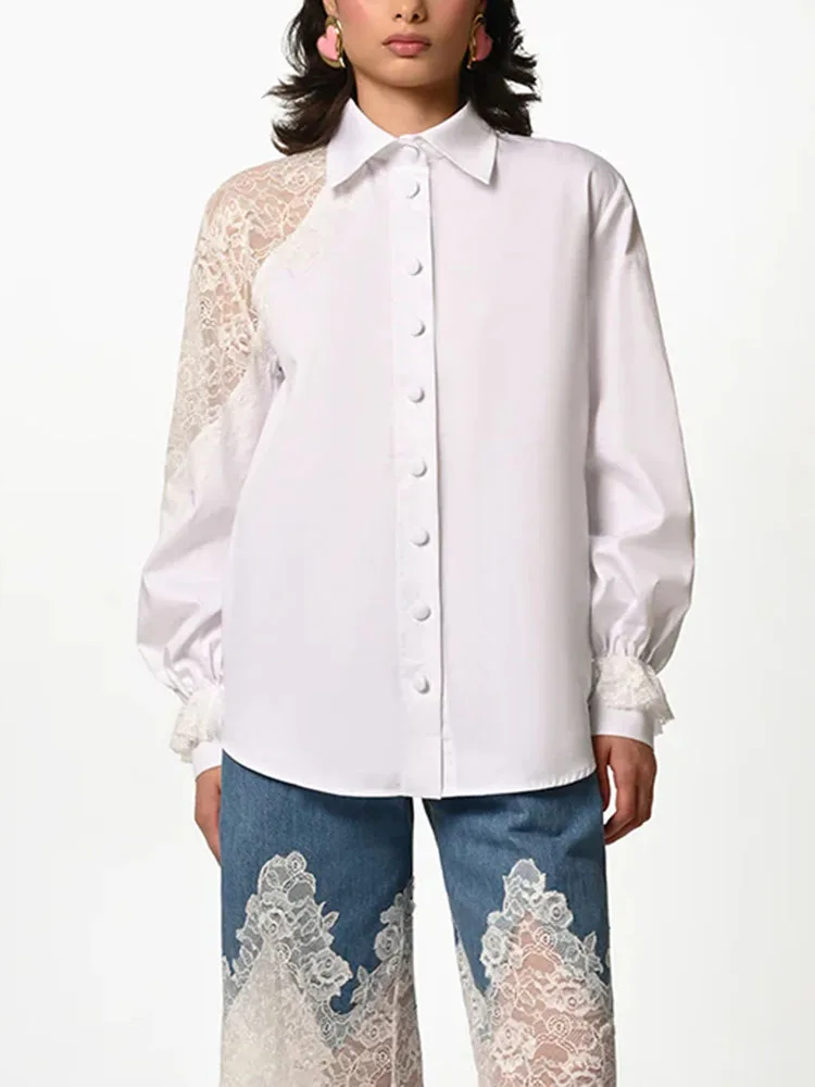 

BJTZ 2026 Spring Autumn Women Solid Color Lace Patchwork Shirt Single Breasted Long Sleeve Elegant Casual Commute Tops Blouse