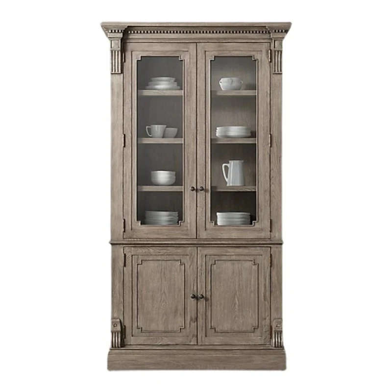 custom.American Solid Wood Side Cabinet Living Room Glass Double Door Wine Cabinet Tea Cabinet French Oak Retro Locker Custom