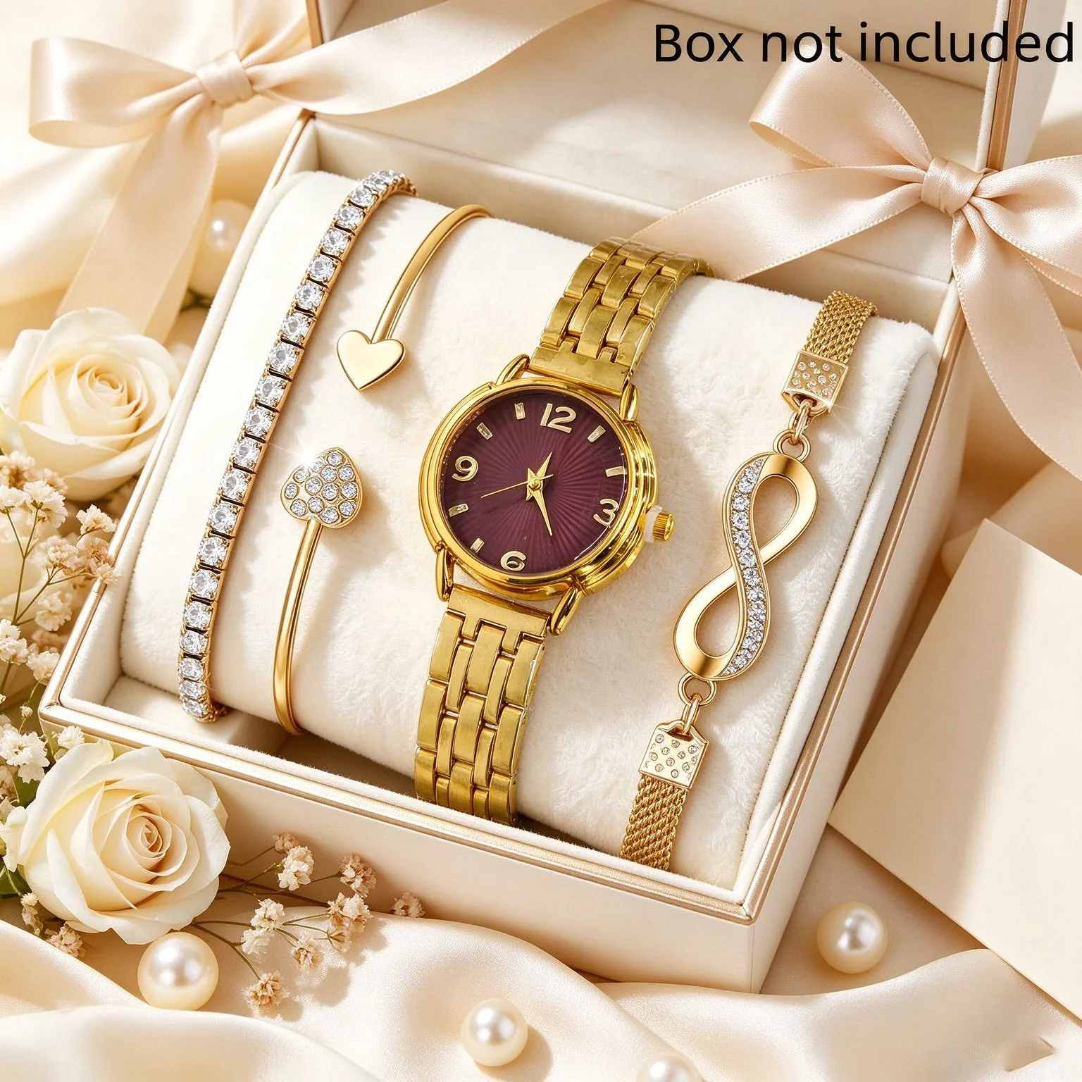 4Pcs Elegant Women's Quartz Watch Set, Quartz Movement, Suitable as a Gift for Mom, Suitable for Father's Day, Mother's Day, Easter, Birthdays, Wedding Season, and Other Occasions, Packaging Not Included