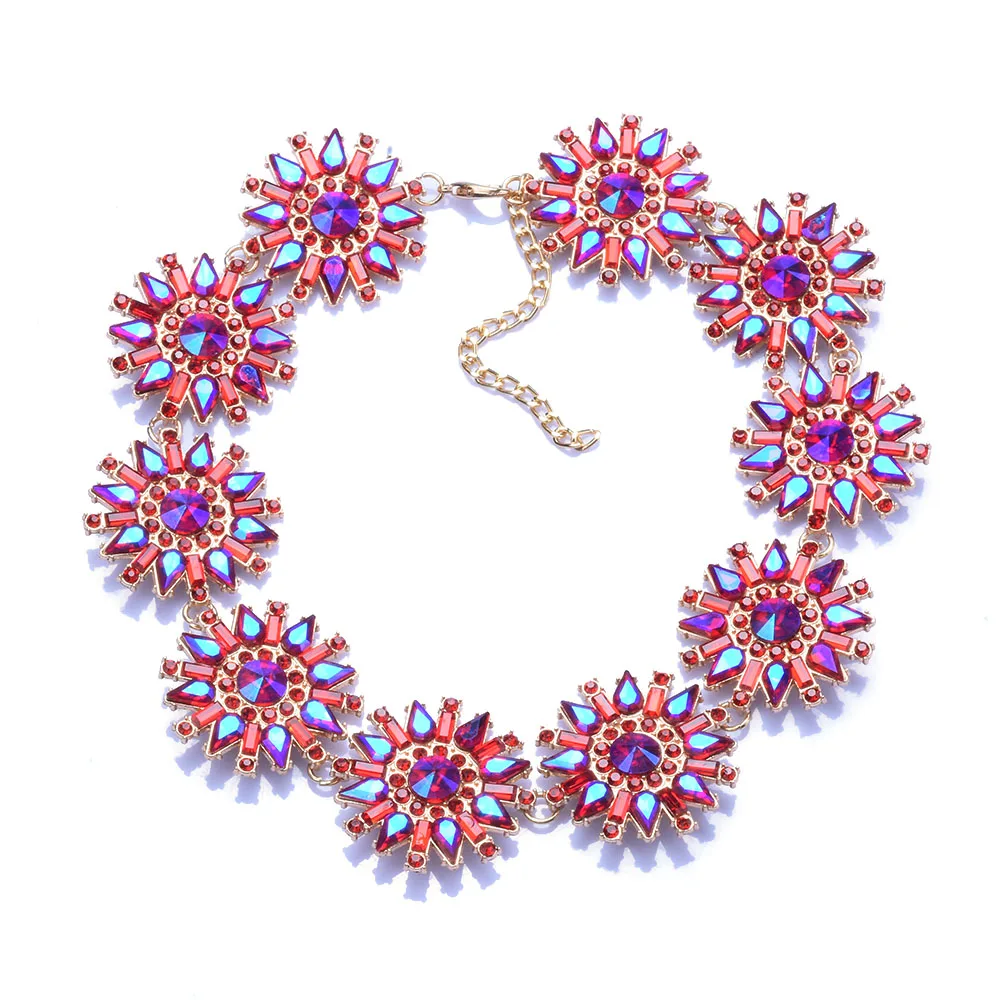 2024 New Red Blue Green Crystal Rhinestone Large Collar Statement Choker Necklace Women Indian Big Bib Starburst Necklace