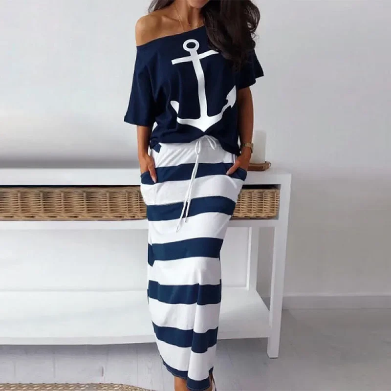 Boat Anchor Print Top T-Shirt & Striped Maxi Skirt Women Two Piece Outfits Fashion Off Shoulder Two Pieces Sets Tops and Skirts