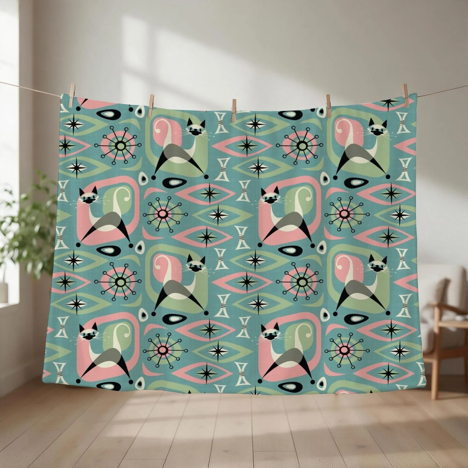 Mid Century Siamese Cat Abstract on Blue Throw Blanket Tourist Soft Beds Hair Picnic Blankets