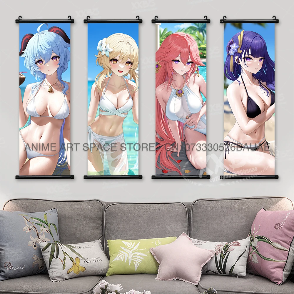 Genshin Impact Hanging Painting Sexy Anime Girl Poster Keqing Home Decor Kamizato Ayaka Wall Artwork Ganyu Scroll Picture Mural