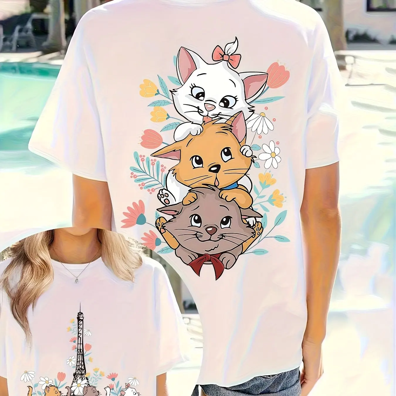 

Disney Marie Cat Girl Kids Summer T-Shirt Family Parent-Child Clothing Cartoon Animation Casual Loose Comfort Short Sleeve Women