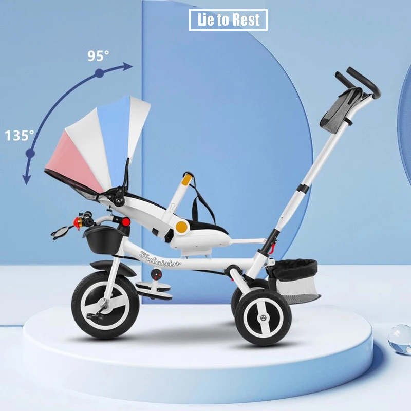 Tricycle multifonction pour enfants avec plaque à manger amovible et siège rotatif et peut s'allonger et se repos