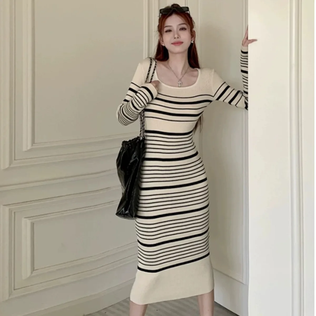 French Style Long Sleeve Striped Knitted Dress Slim Fit Midi Length Inner Wear T-Shirt Dress Fresh Sweet Style Polyester Blend