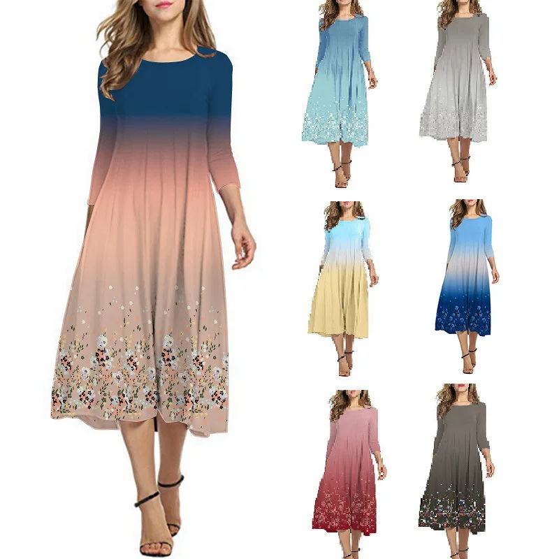 

Women Gradient Bohemian Dresses Female Round Neck Midi Print Dress Casual Spring Autumn Knee Length Sundress Vestidos De Mujer