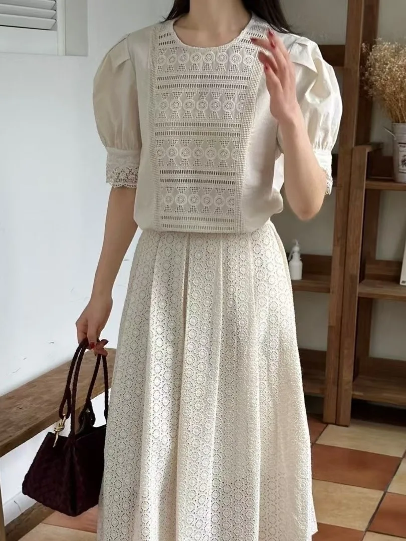 

Retro High Waist Hollow out Hook Flower Bubble Sve irt Women's Summer New Sle Court Sle f Skirt Ele Classy