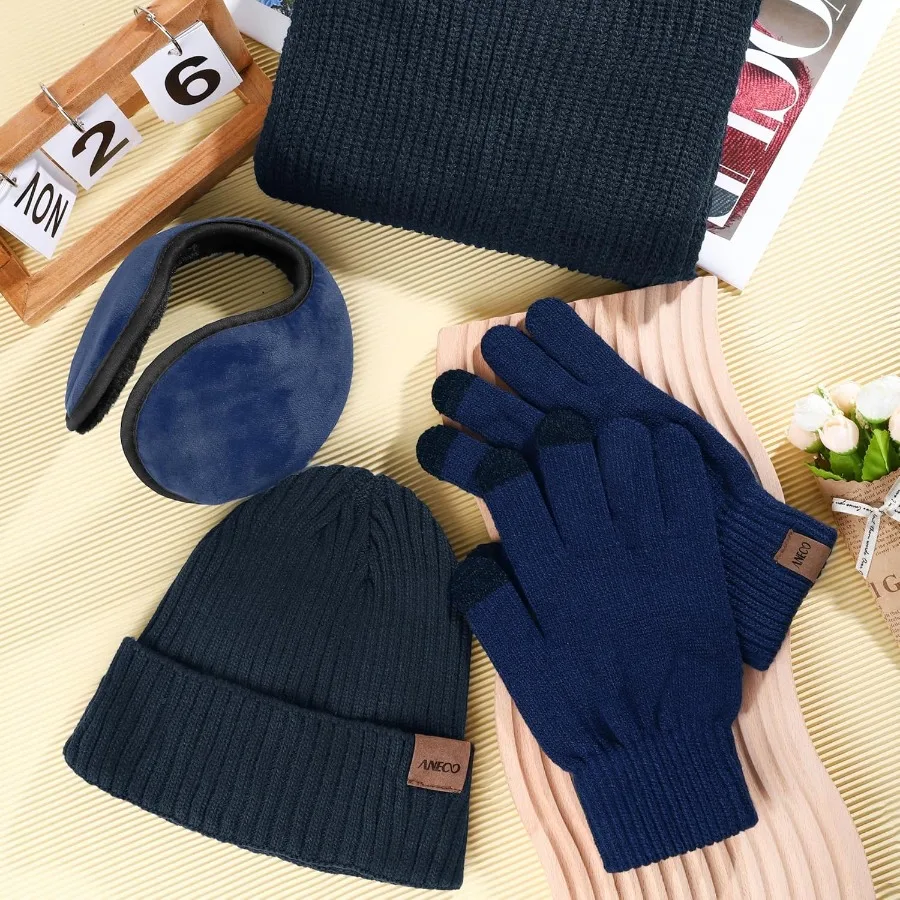 Winter Beanie Hat Set for Men and Women Including 4Piece Knit Gloves Scarf Beanie Hat and Earmuffs Perfect for Cold Weather Out