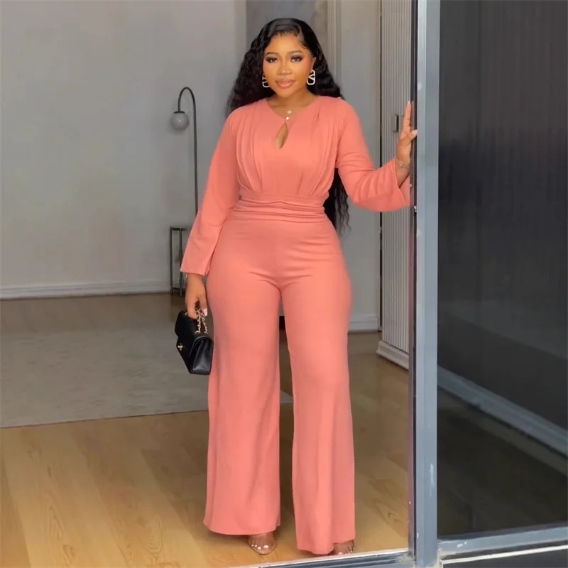 

Solid Party Club Romper Jumpsuit Woman Long Sleeve O-neck Ruched High Waist Wide Leg Pants One Piece Overalls Damen Elegant