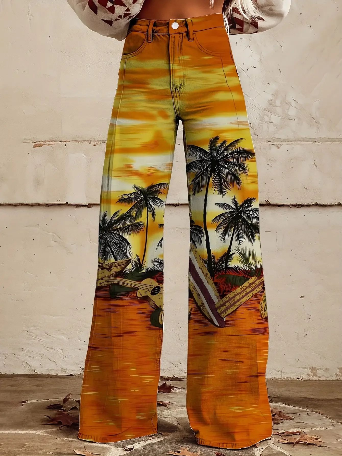  Ladies' fashionable casual wide leg jeans, washed elastic denim, versatile wide leg pants,Realistic flame pattern pants,