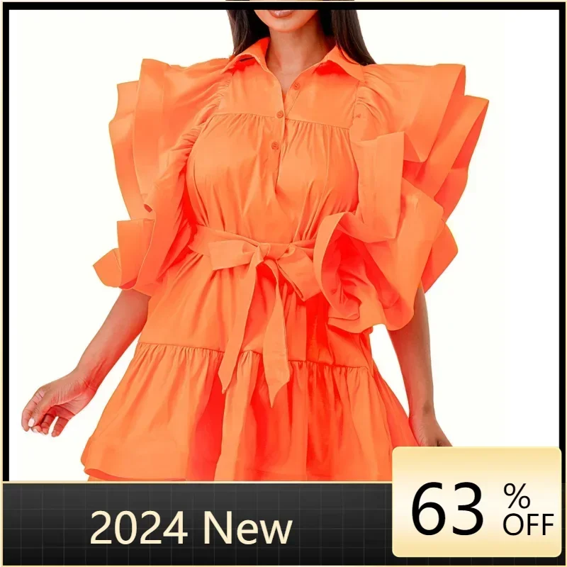 

2024 Mini Dress Shirt Black White Pink Gree Orange Women's Clothes African Stylish Big Size Fashion Outfit Summer Dresses Short