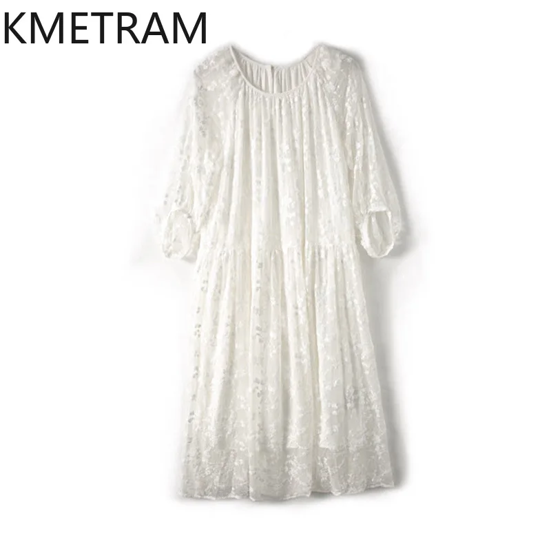 KMETRAM High End Mulberry Silk White Dress Summer Hollow Embroidery Dresses for Women A-Line Women's Clothing Robe Femme Été