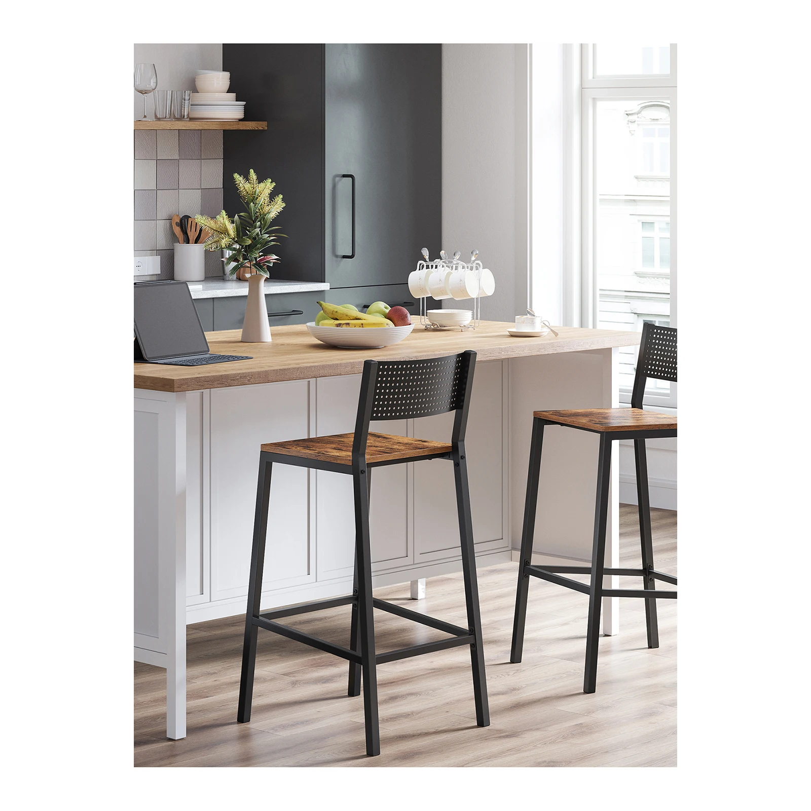 VASAGLE Taburete de Bar, Juego de 2, Taburetes Altos de Cocina, para Cocina, Comedor, Oficina, Estilo Industrial, Marrón Rústico y Negro/Beige Roble y Blanco/Gris Antracita y Negro