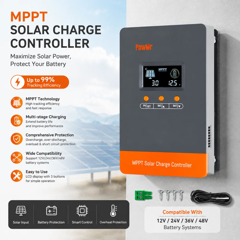 PowMr 100A MPPT Solar Charge Controller Max PV160V 4800W Power Panel Support 12V to 48V Battery Voltage Controller for Solar Home Off Grid System