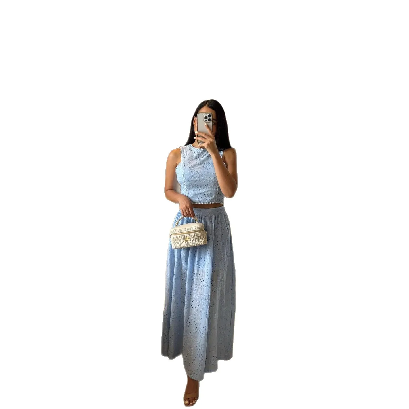 Conjunto de Falda y Ceco con Encaje para Primavera/Verano, Estilo Casual y Hoado, Dos Piezas, Moda Femenina, Cuello Redo...