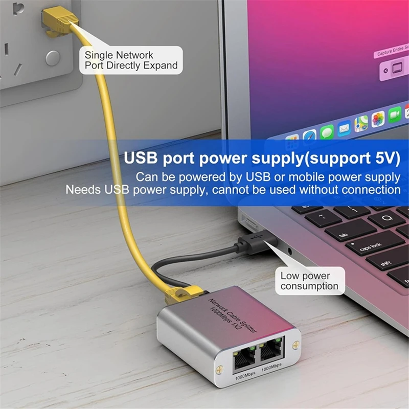 Ethernet Splitter 1 To 2 High Speed Gigabit Ethernet Switch 2 Port Internet RJ45 LAN Splitter For Cat5/6/7/8 Cable